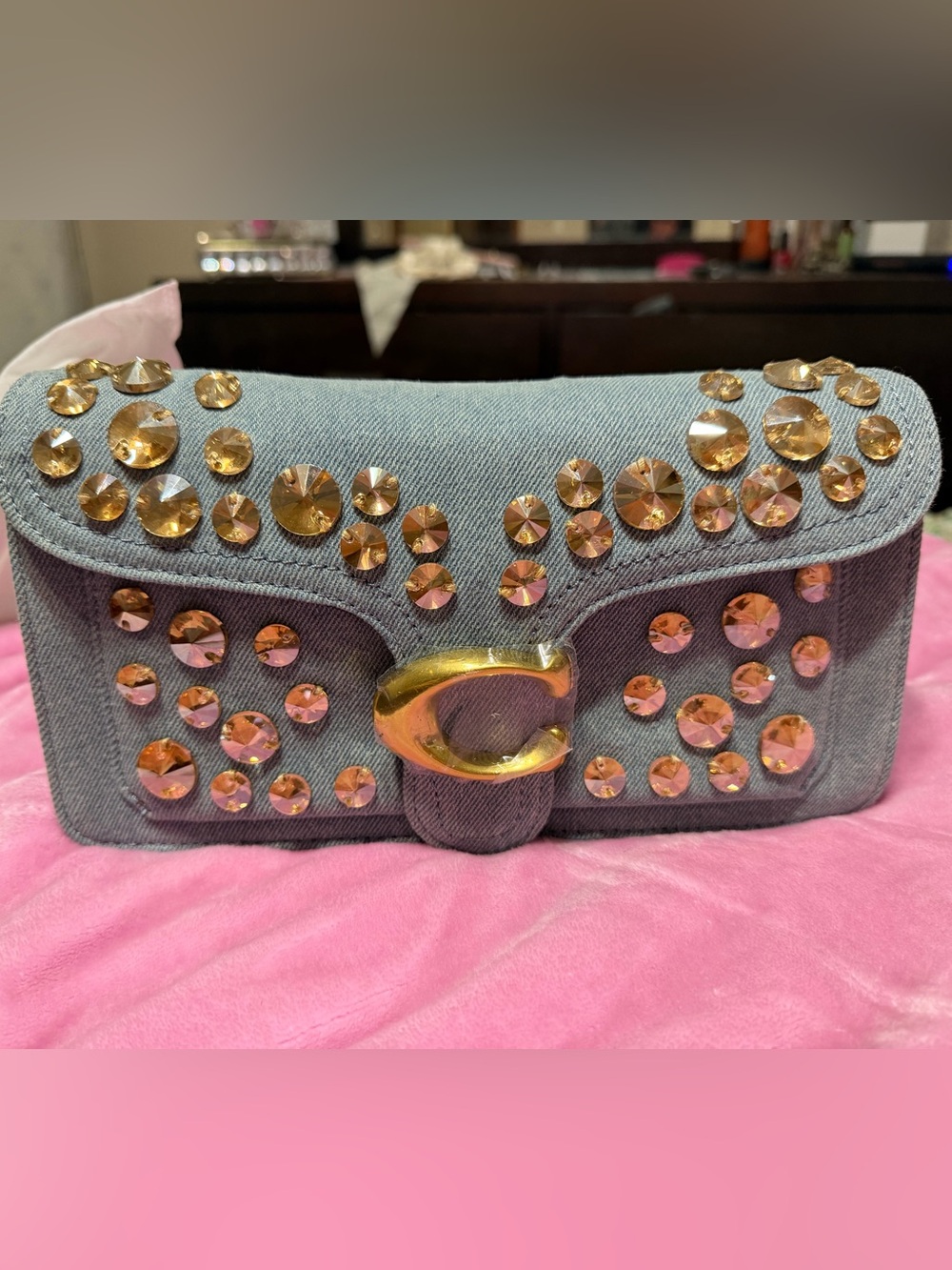 Studded Denim Clutch with Gold Hardware - Gray